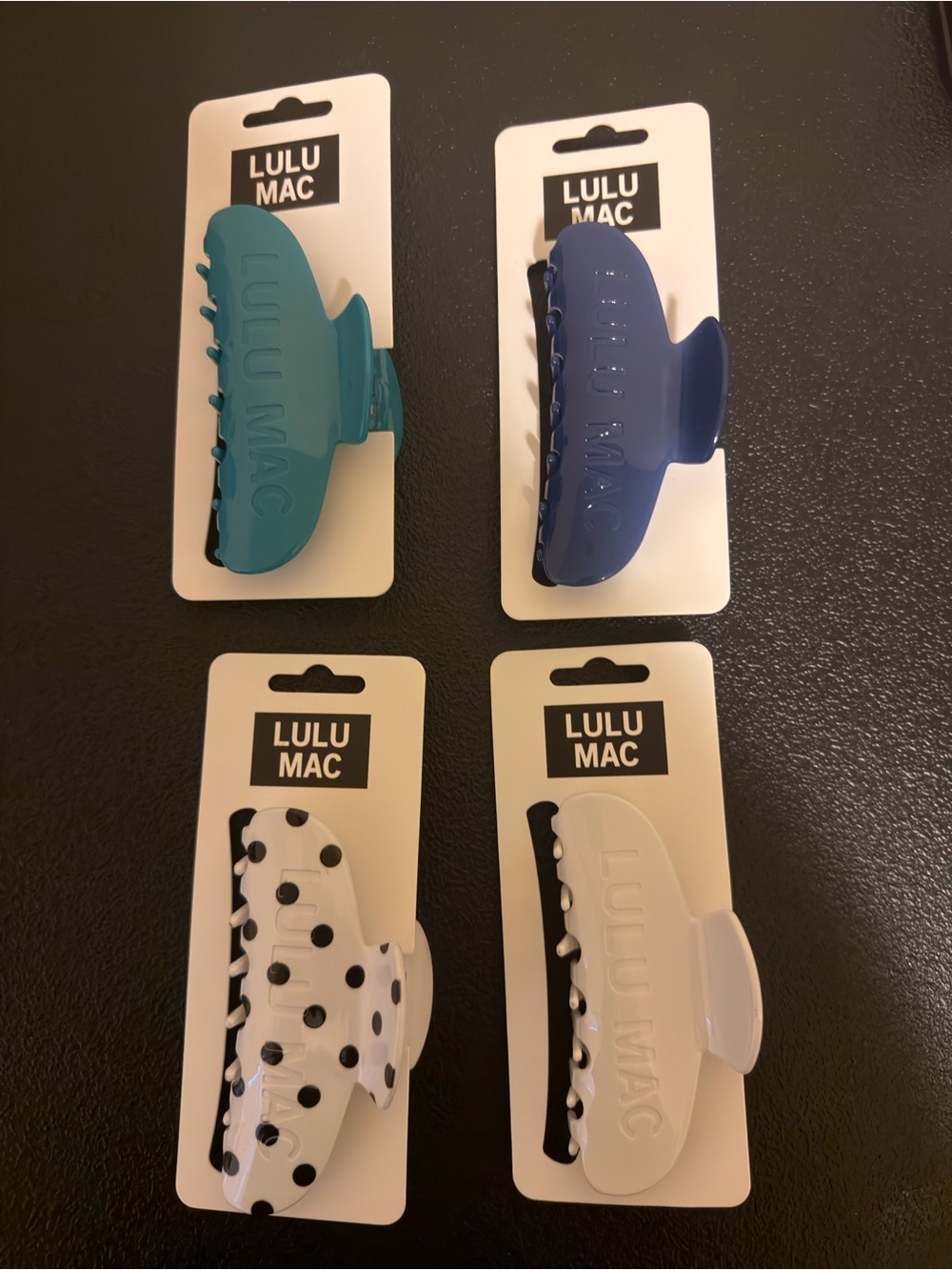 Lulu Mac Claw Hair Clips Set of 4 NWT White Blue Teal Polka Dot